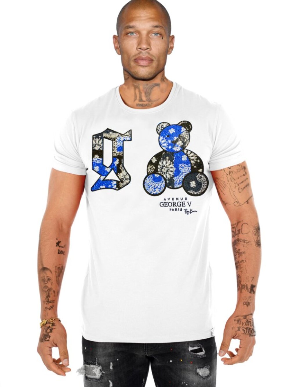 Avenue George V Paris T-Shirt Men's White Short Sleeve Rhinestone Teddy Bear - Picture 2 of 3